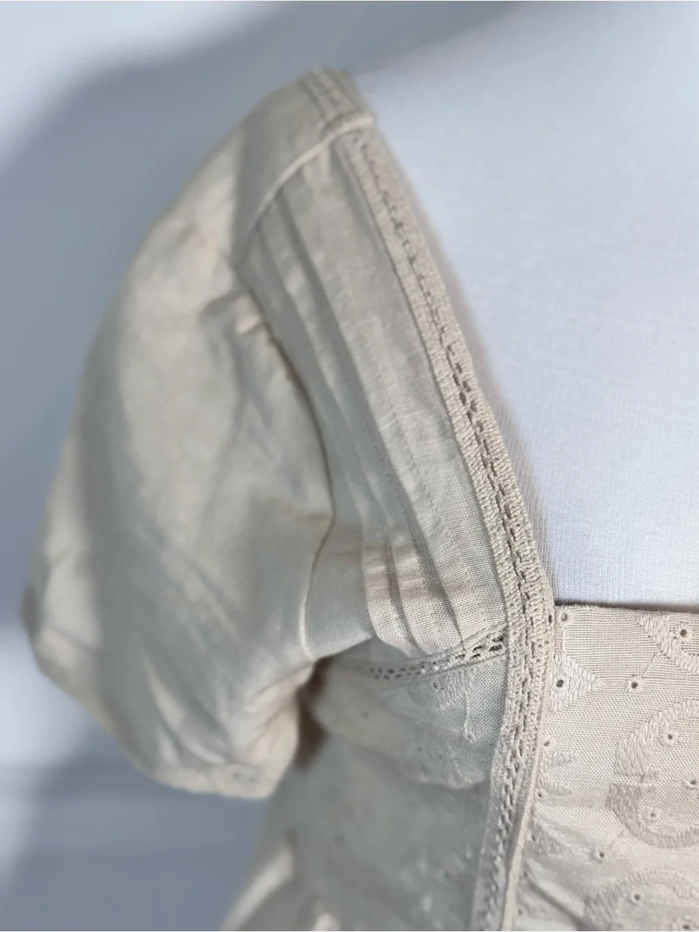 Cream Linen Blend Eyelet Peplum Top S Square Neck Cottagecore Coquette Prairie